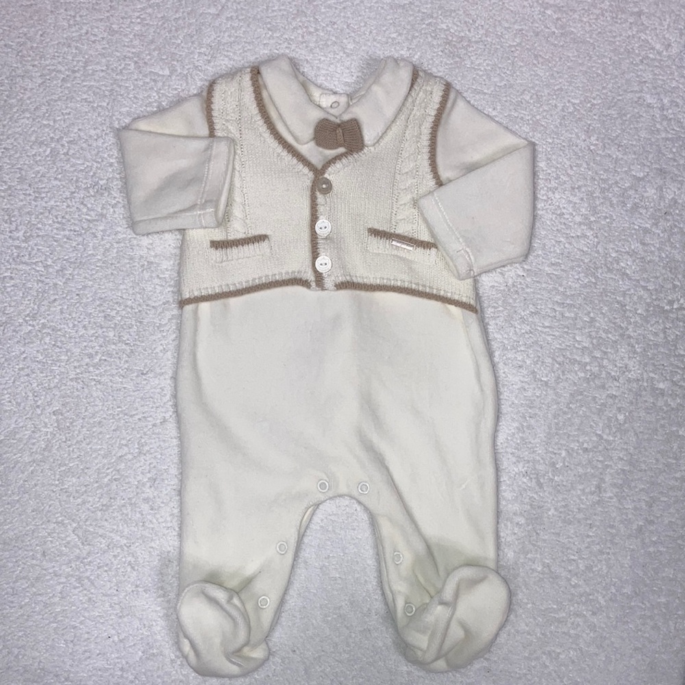 Mayoral cream velour sweater vest bow tie one piece special occasion newborn